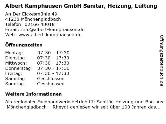 Albert Kamphausen GmbH Sanitär, Heizung, Lüftung in Mönchengladbach: Adresse und Öffnungszeiten