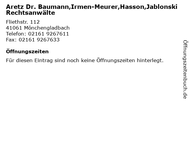 Aretz Dr. Baumann,Irmen-Meurer,Hasson,Jablonski Rechtsanwälte in Mönchengladbach: Adresse und Öffnungszeiten