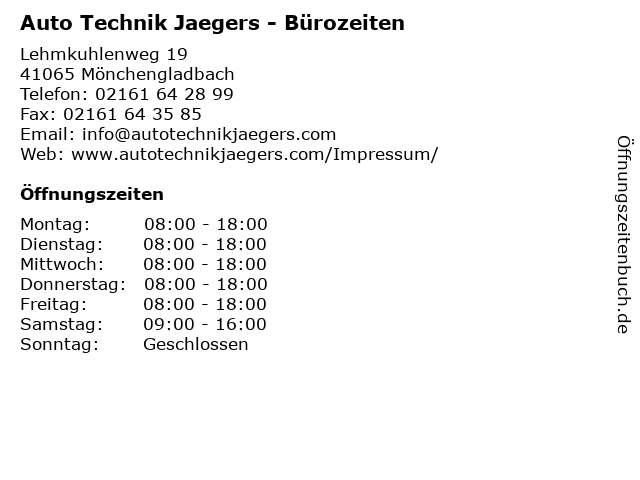 Auto Technik Jaegers - Bürozeiten in Mönchengladbach: Adresse und Öffnungszeiten