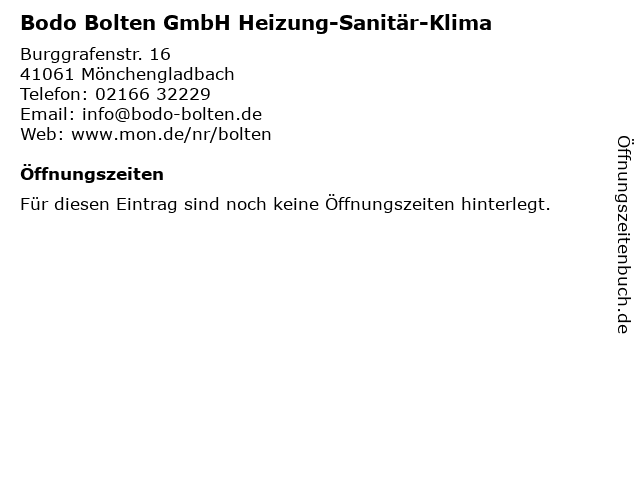 Bodo Bolten GmbH Heizung-Sanitär-Klima in Mönchengladbach: Adresse und Öffnungszeiten
