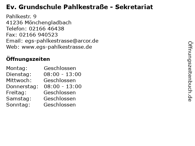 Ev. Grundschule Pahlkestraße - Sekretariat in Mönchengladbach: Adresse und Öffnungszeiten