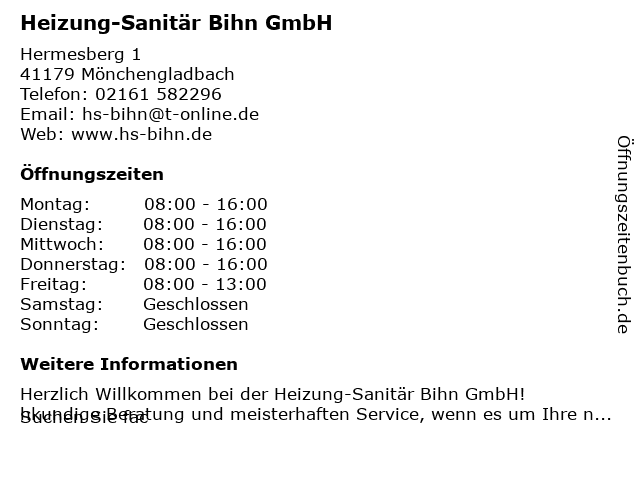 Heizung Sanitär Bihn GmbH in Mönchengladbach: Adresse und Öffnungszeiten