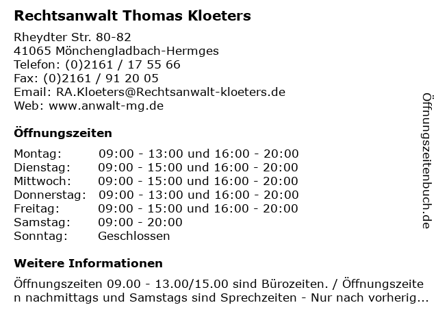 Rechtsanwalt Thomas Kloeters in Mönchengladbach-Hermges: Adresse und Öffnungszeiten