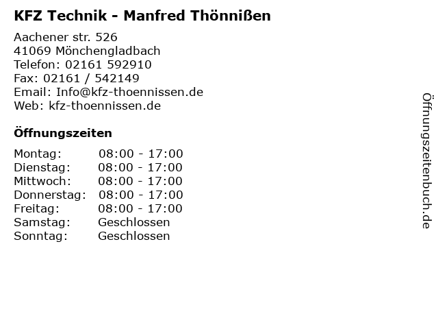 KFZ Technik - Manfred Thönnißen in Mönchengladbach: Adresse und Öffnungszeiten