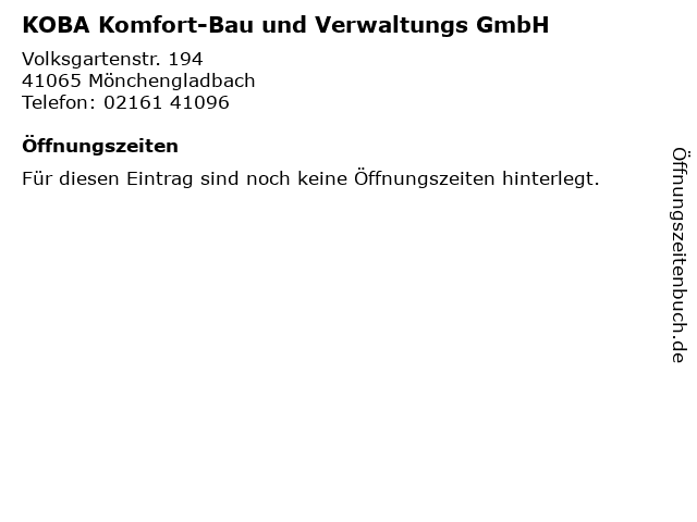 KOBA Komfort-Bau und Verwaltungs GmbH in Mönchengladbach: Adresse und Öffnungszeiten