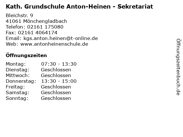 Kath. Grundschule Anton-Heinen - Sekretariat in Mönchengladbach: Adresse und Öffnungszeiten