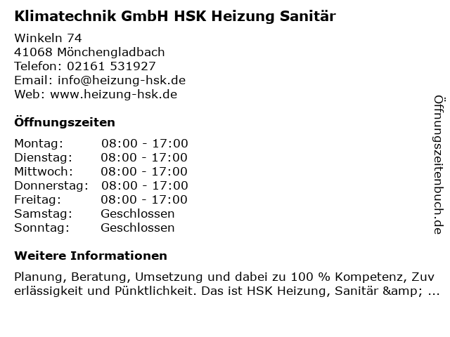 Klimatechnik GmbH HSK Heizung Sanitär in Mönchengladbach: Adresse und Öffnungszeiten