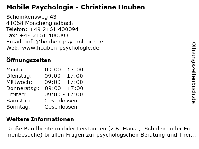 Mobile Psychologie - Christiane Houben in Mönchengladbach: Adresse und Öffnungszeiten