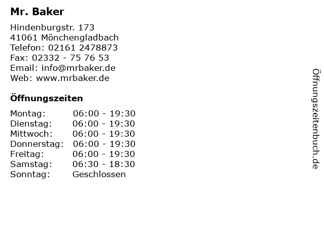 Mr. Baker in Mönchengladbach: Adresse und Öffnungszeiten