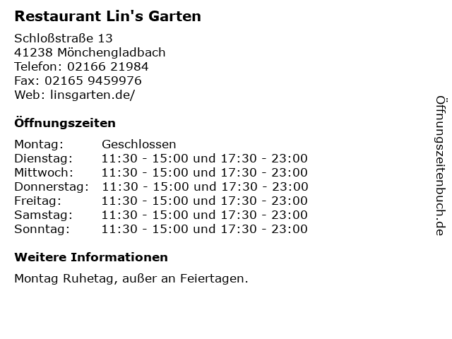 Restaurant Lin's Garten in Mönchengladbach: Adresse und Öffnungszeiten