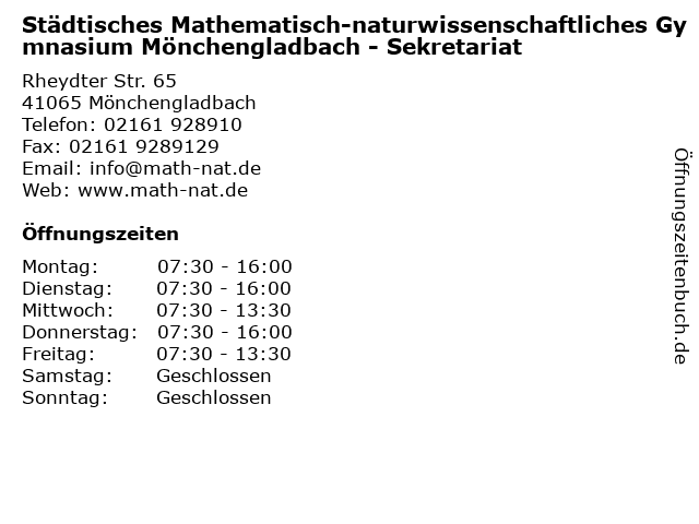 Städtisches Mathematisch-naturwissenschaftliches Gymnasium Mönchengladbach - Sekretariat in Mönchengladbach: Adresse und Öffnungszeiten