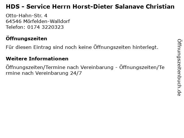 HDS - Service Herrn Horst-Dieter Salanave Christian in Mörfelden-Walldorf: Adresse und Öffnungszeiten