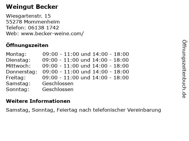 Weingut Becker in Mommenheim: Adresse und Öffnungszeiten