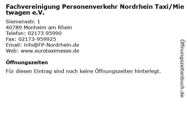 Fachvereinigung Personenverkehr Nordrhein Taxi/Mietwagen e.V. in Monheim am Rhein: Adresse und Öffnungszeiten
