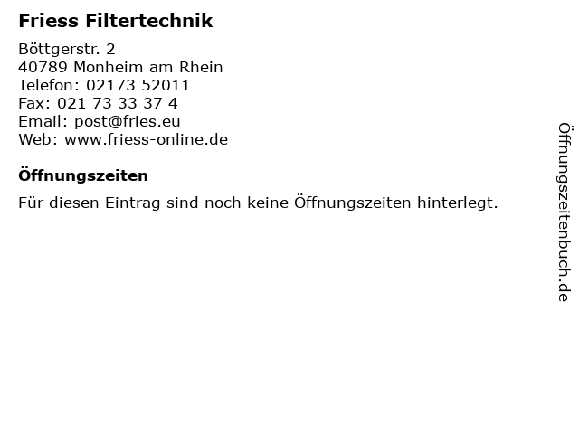 Friess Filtertechnik in Monheim am Rhein: Adresse und Öffnungszeiten