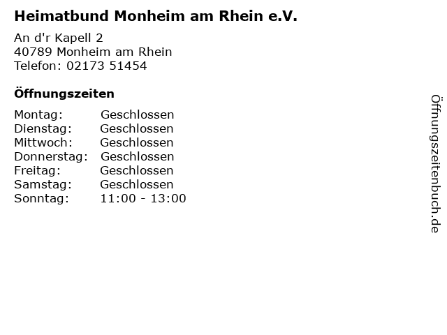 Heimatbund Monheim am Rhein e.V. in Monheim am Rhein: Adresse und Öffnungszeiten
