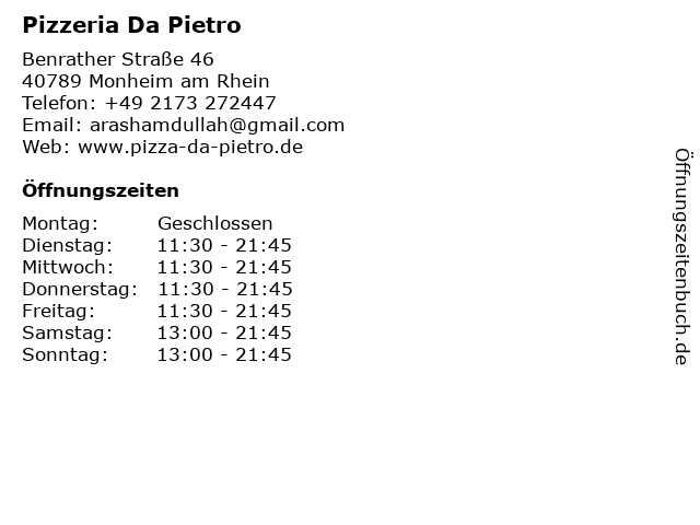Pizzeria Da Pietro in Monheim am Rhein: Adresse und Öffnungszeiten
