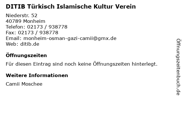 DITIB Türkisch Islamische Kultur Verein in Monheim: Adresse und Öffnungszeiten