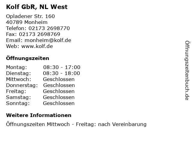Kolf GbR, NL West in Monheim: Adresse und Öffnungszeiten
