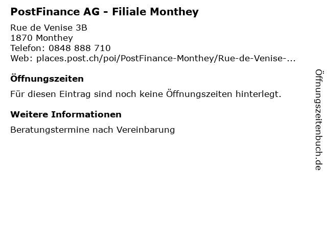 PostFinance AG - Filiale Monthey in Monthey: Adresse und Öffnungszeiten