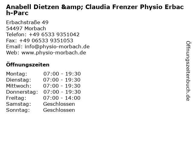 Anabell Dietzen & Claudia Frenzer Physio Erbach-Parc in Morbach: Adresse und Öffnungszeiten