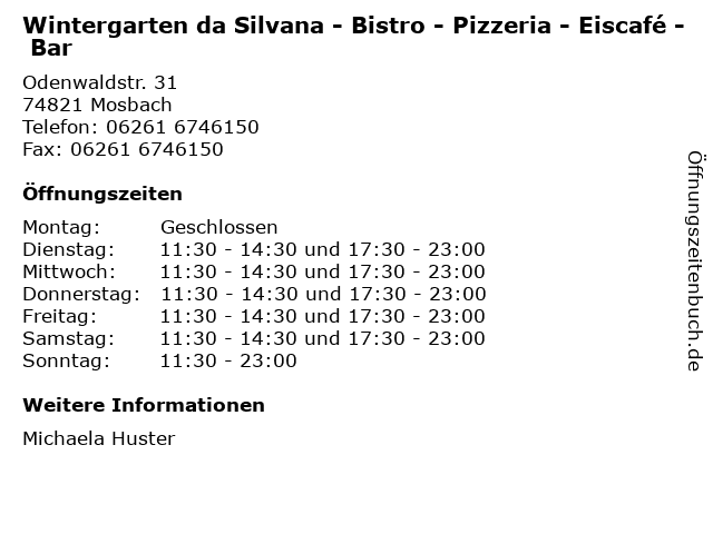 Á Offnungszeiten Wintergarten Da Silvana Bistro Pizzeria Eiscafe Bar Odenwaldstr 31 In Mosbach