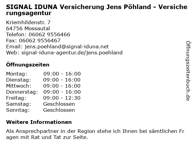 ᐅ Offnungszeiten Signal Iduna Jens Pohland Kriemhildenstr 7 In Mossautal