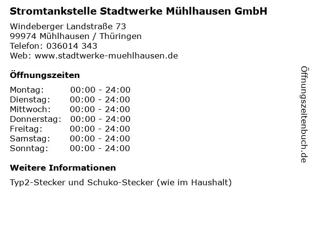 Stromtankstelle Stadtwerke Mühlhausen GmbH in Mühlhausen / Thüringen: Adresse und Öffnungszeiten