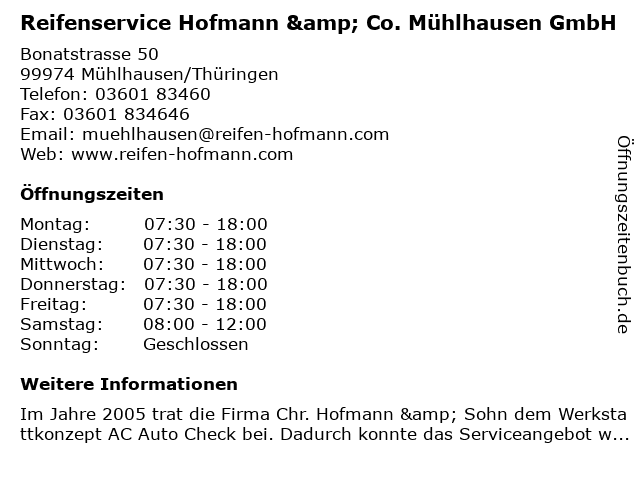 Reifenservice Hofmann & Co. Mühlhausen GmbH in Mühlhausen/Thüringen: Adresse und Öffnungszeiten