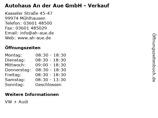 Autohaus An der Aue GmbH - Verkauf in Mühlhausen: Adresse und Öffnungszeiten