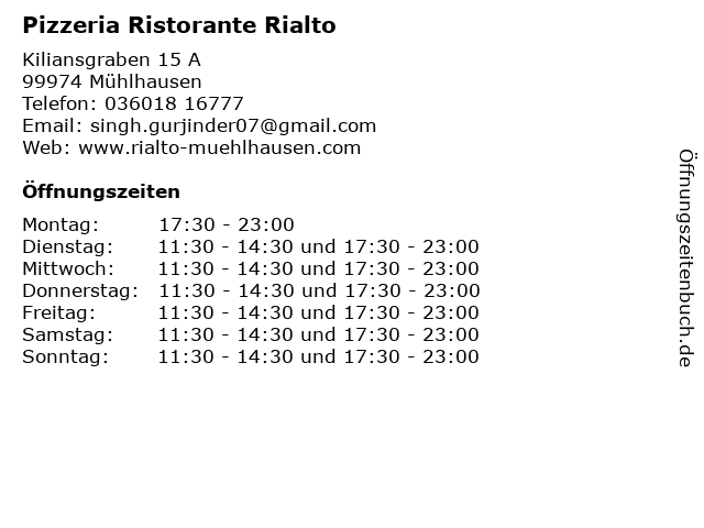 Pizzeria Ristorante Rialto in Mühlhausen: Adresse und Öffnungszeiten