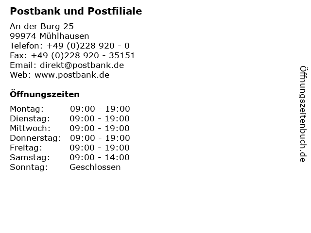 ᐅ Offnungszeiten Postbank Geldautomat Filiale Postbank An Der Burg 25 In Muhlhausen