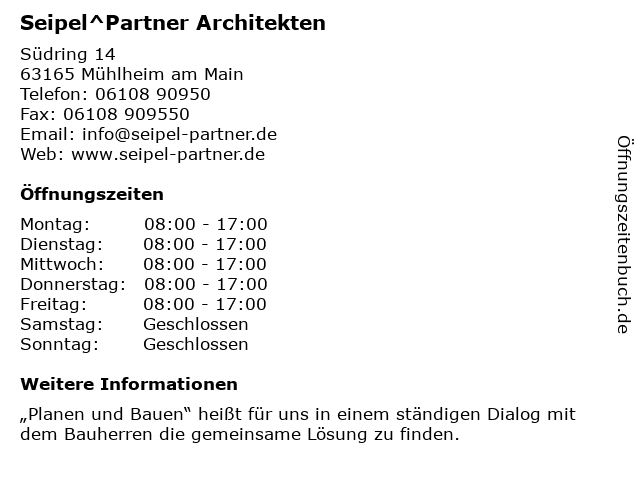 Seipel^Partner Architekten in Mühlheim am Main: Adresse und Öffnungszeiten