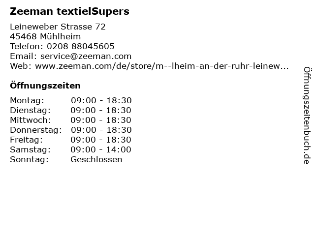 Zeeman textielSupers in Mühlheim: Adresse und Öffnungszeiten