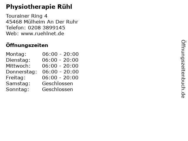 Physiotherapie Rühl in Mülheim An Der Ruhr: Adresse und Öffnungszeiten