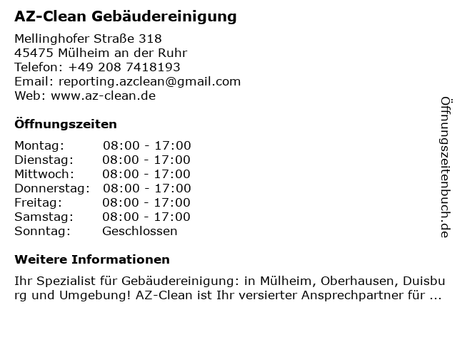 AZ-Clean Gebäudereinigung in Mülheim an der Ruhr: Adresse und Öffnungszeiten