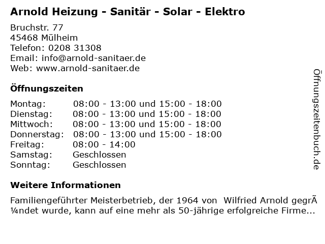 Arnold Heizung - Sanitär - Solar - Elektro in Mülheim an der Ruhr: Adresse und Öffnungszeiten