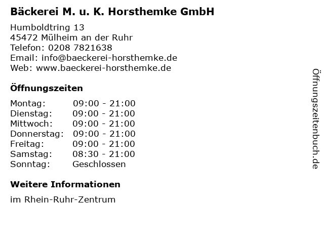 Bäckerei M. u. K. Horsthemke GmbH in Mülheim an der Ruhr: Adresse und Öffnungszeiten