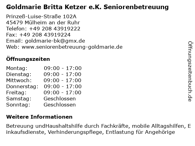 Goldmarie Britta Ketzer e.K. Seniorenbetreuung in Mülheim an der Ruhr: Adresse und Öffnungszeiten