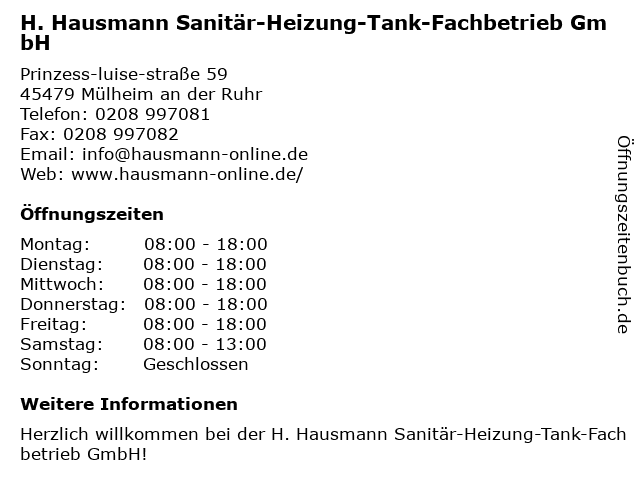 H. Hausmann Sanitär-Heizung-Tank-Fachbetrieb GmbH in Mülheim an der Ruhr: Adresse und Öffnungszeiten