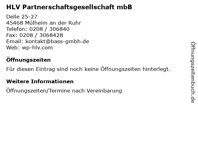 HLV Partnerschaftsgesellschaft mbB in Mülheim an der Ruhr: Adresse und Öffnungszeiten
