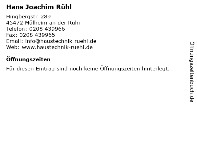 Hans Joachim Rühl in Mülheim an der Ruhr: Adresse und Öffnungszeiten