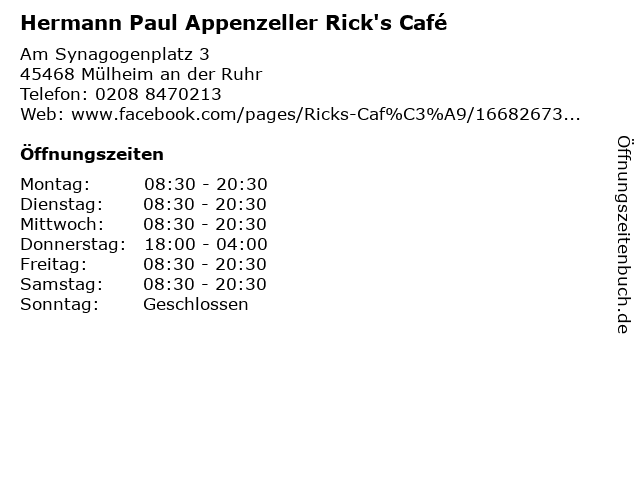 Hermann Paul Appenzeller Rick's Café in Mülheim an der Ruhr: Adresse und Öffnungszeiten