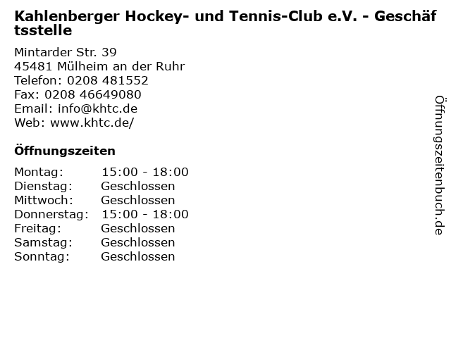 Kahlenberger Hockey- und Tennis-Club e.V. - Geschäftsstelle in Mülheim an der Ruhr: Adresse und Öffnungszeiten