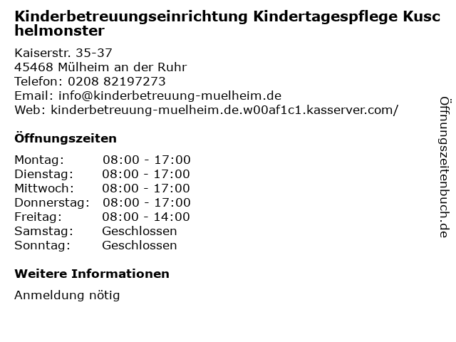Kinderbetreuungseinrichtung Kindertagespflege Kuschelmonster in Mülheim an der Ruhr: Adresse und Öffnungszeiten