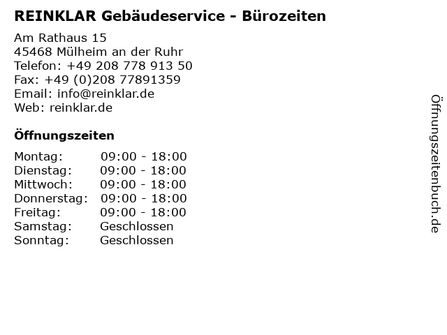 REINKLAR Gebäudeservice - Bürozeiten in Mülheim an der Ruhr: Adresse und Öffnungszeiten