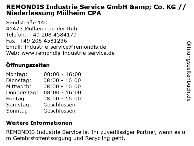 REMONDIS Industrie Service GmbH & Co. KG // Niederlassung Mülheim CPA in Mülheim an der Ruhr: Adresse und Öffnungszeiten