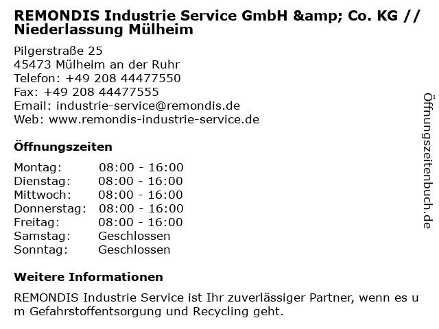 REMONDIS Industrie Service GmbH & Co. KG // Niederlassung Mülheim in Mülheim an der Ruhr: Adresse und Öffnungszeiten