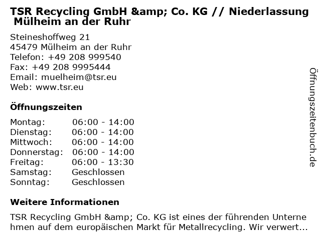 TSR Recycling GmbH & Co. KG // Niederlassung Mülheim an der Ruhr in Mülheim an der Ruhr: Adresse und Öffnungszeiten