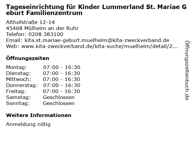 Tageseinrichtung für Kinder Lummerland St. Mariae Geburt Familienzentrum in Mülheim an der Ruhr: Adresse und Öffnungszeiten
